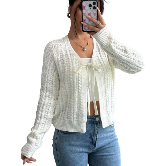 Women's Cropped Knit Cardigan V Neck Long Sleeve Bow Front Fall Winter